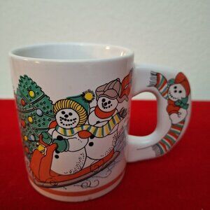 Alco Industries Snowman Family Sledding, Skiing Christmas Tree Mug/Cup VINTAGE